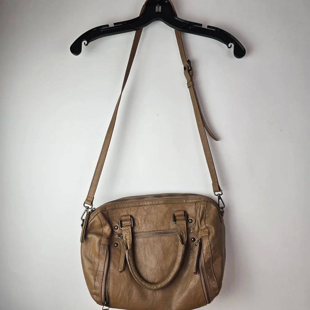 Lucky Brand Tan Brown Leather Satchel‎ Shoulder Crossbody Bag Purse Zip Medium